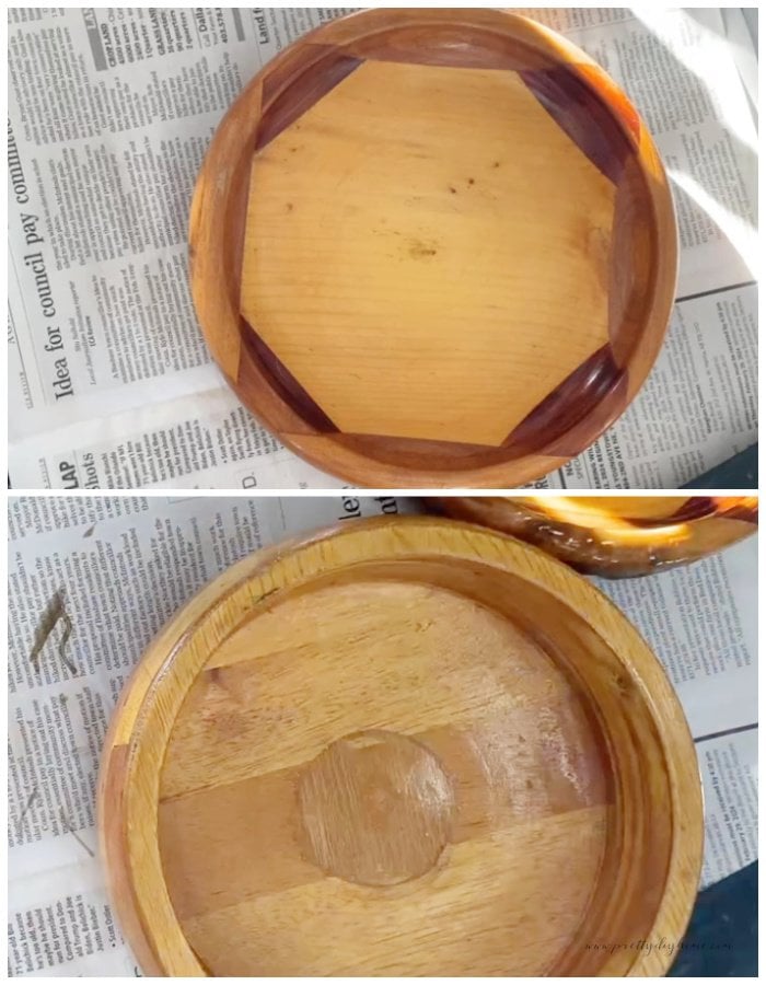 A collage of two different vintage wooden bowls before being restored.  The bowls are dark with lots of grey scratches.