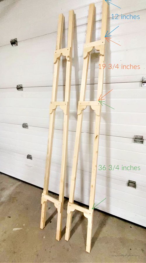 Two of the ladders for building a DIY wooden obelisk.  The image is marked with measurements for horizontal slat placement