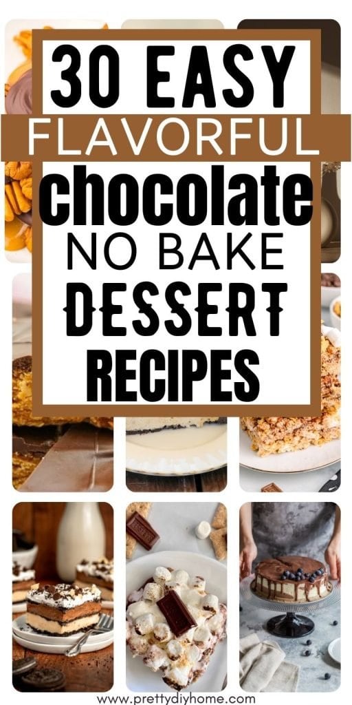 A collage of no bake desserts with recipes including no bake chocolate cookie, icebox cakes, no-bake cheesecakes.