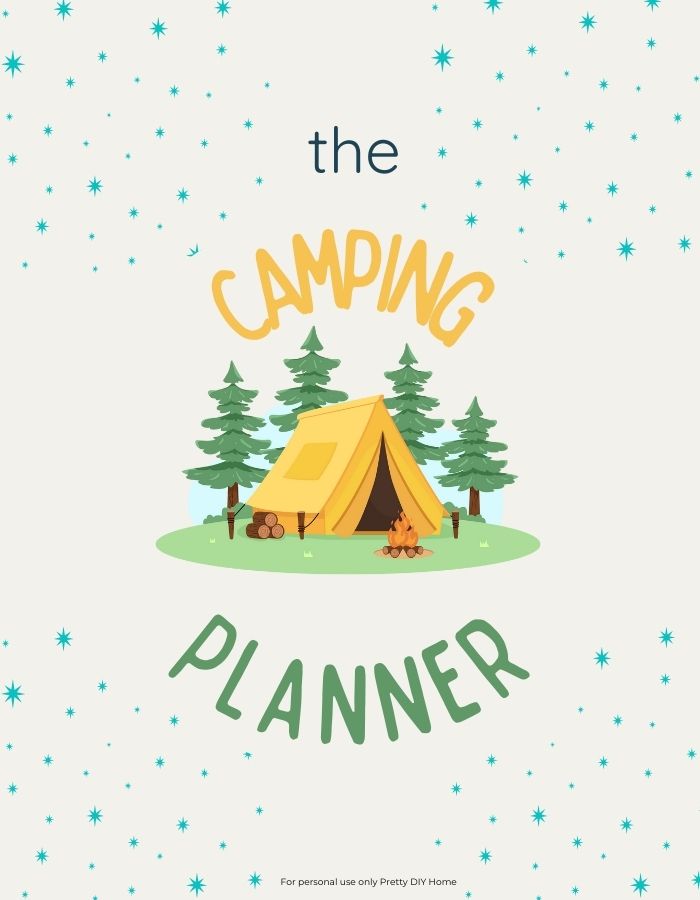 A coverpage for a camping pack list printable. It shows a tent in the forest graphic.