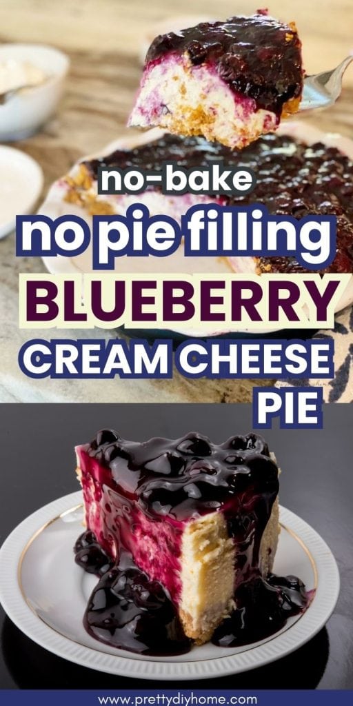 A thick slice of blueberry cheesecake pie, and a second image of a piece of no bake blueberry pie being lifted from the pie plate.