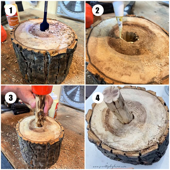 A collage of four images to build a log pumpkin. 1 is cotton wood log being drilled with a one inch bit. 2 is the log being filled with wood glue for a stem. Three is hammering the stem into the log with a mallet, and 4 shows the log pumpkin.