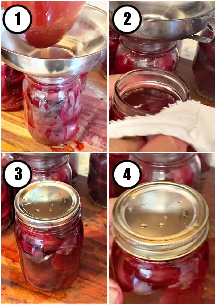 A collage of canning pickled beets in jars. 1st image is brine being addded to a jar with the funnel and ladel. 2nd image shows wiping the jar ring of with a clean cloth. 3rd shows the jar of pickled beets with just the lid on it. 4th image shows the ring being added to the jar of canned pickled beets.