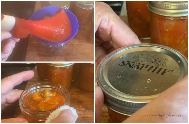 Three images of canning salsa, one is filling the jars using a funnel and ladel, the second is wiping the jars off with a paper towel, the last one if placing the lid and ring on top.