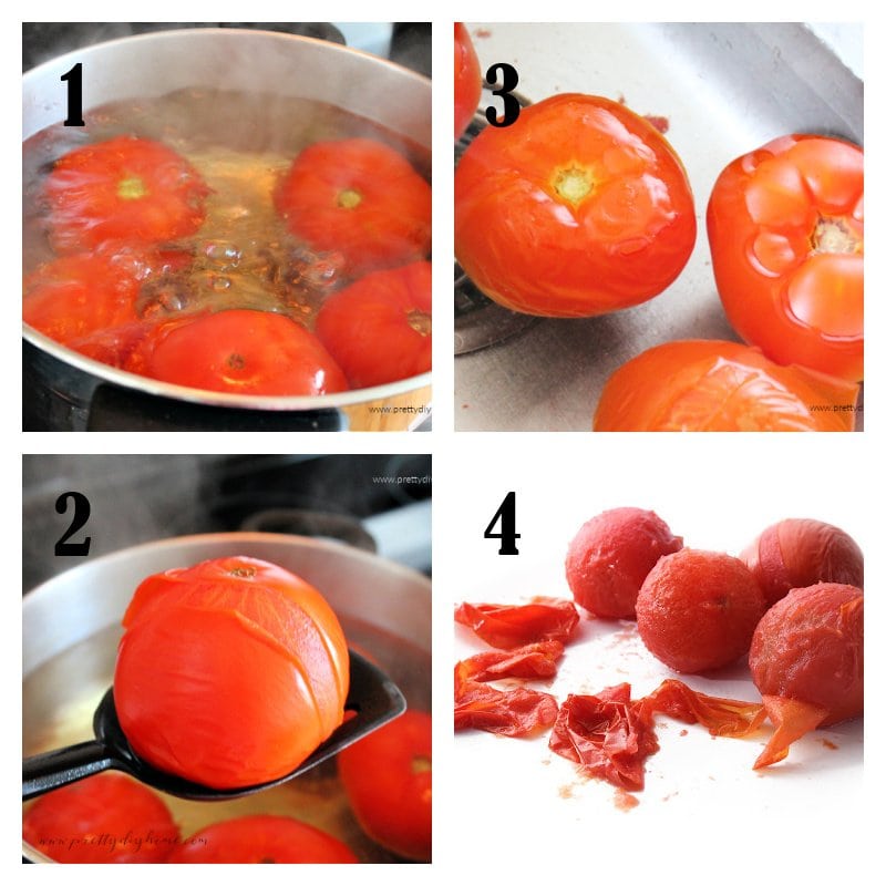 A collage of four images showing how to peel tomatoes, boiling tomatoes, skin split on outside of tomatoes, tomatoes cooling in a sink of cold water, and skinned tomatoes.