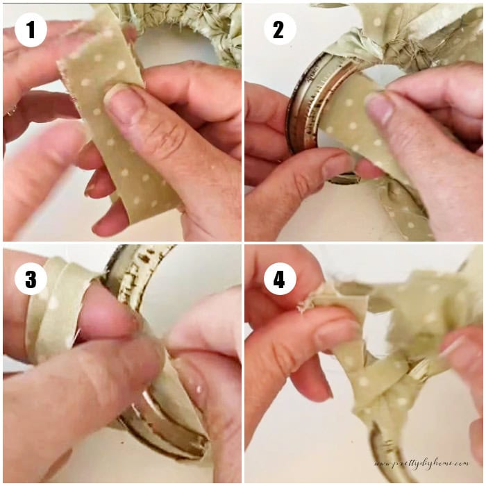 Four images showing the steps of tying a rag to a mason jar while making a mason jar sunflower. Step one shows the rag being folded in half. Two shows inserted the rag from the top. three shows opening the fold and inserting the tail. Four shows pulling the rag knot tight before continueing on to the next.