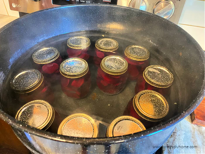 A waterbath canner filled with 12 pint sized jars of freshly made pickled beets and boiling water. You can see the steam coming off the top of the hot water and there is an inch of water above the top of the jars.