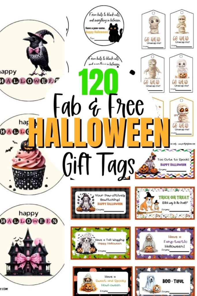 A collage of assorted Halloween gift tags printables all free and each one is different.  Round cream colored ones with a black haunted house and pink ribbon, a halloween cupcake.  Dog ghosts with dog word puns, mummies and black cat tags as well  