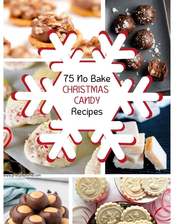 A collage of six different homemade Christmas candy recipes including buckeye candy, caramels, marizpan candy, chocolate truffles and pretzel treats. The cover text says 75 No bake Christmas Candy Recipes.