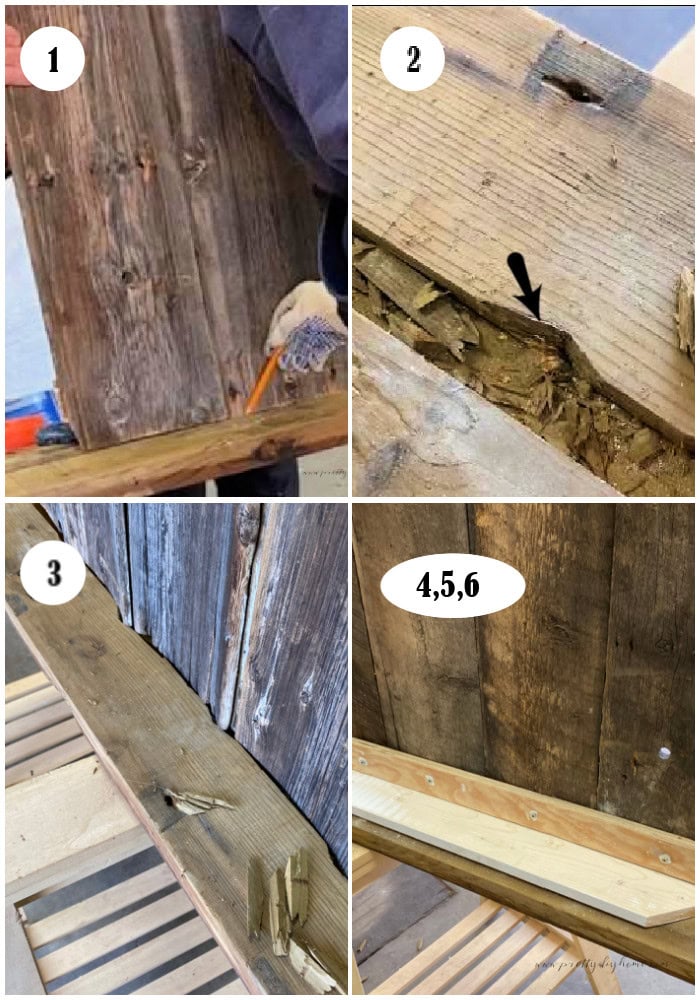 A collage of 4 images. 1 tracing the edge of the church to the base, 2 carving the base to fit the church 3, fitting the church into the groove 4,5,6 showing the steps to build a back brace.