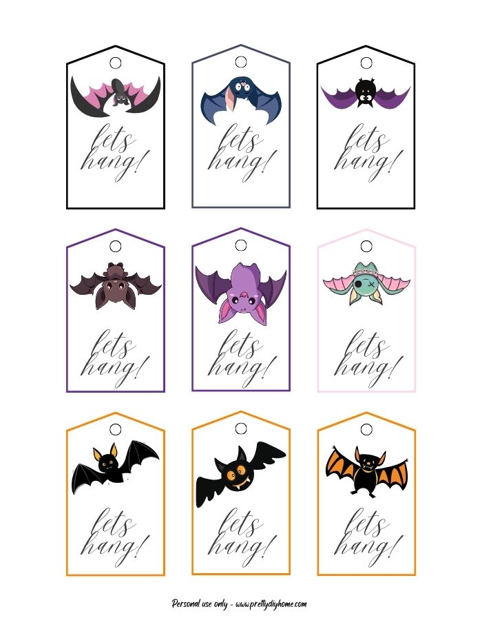 9 free printable Halloween tags in different Halloween colors, purple, green, black and gold. Each one has a different bag and the caption says, let's hang.