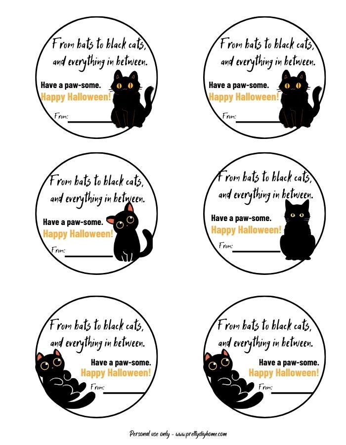 Black cat themed round Halloween gift tags.