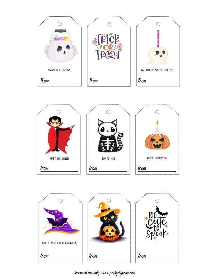 Nine different Halloween gift tags each with a different classic Halloween character, there is a black cat, a jack-o-lantern and vampire, a skeleton cat etc. They are all edged in a thin black border, have a white background and a mark for a hole punch.