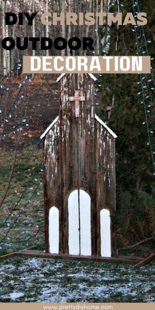 An outdoor Christmas decoration DIY project. This wooden church iis rustic with a cross on the top and whi plaster faux snow, doors and windows in white.