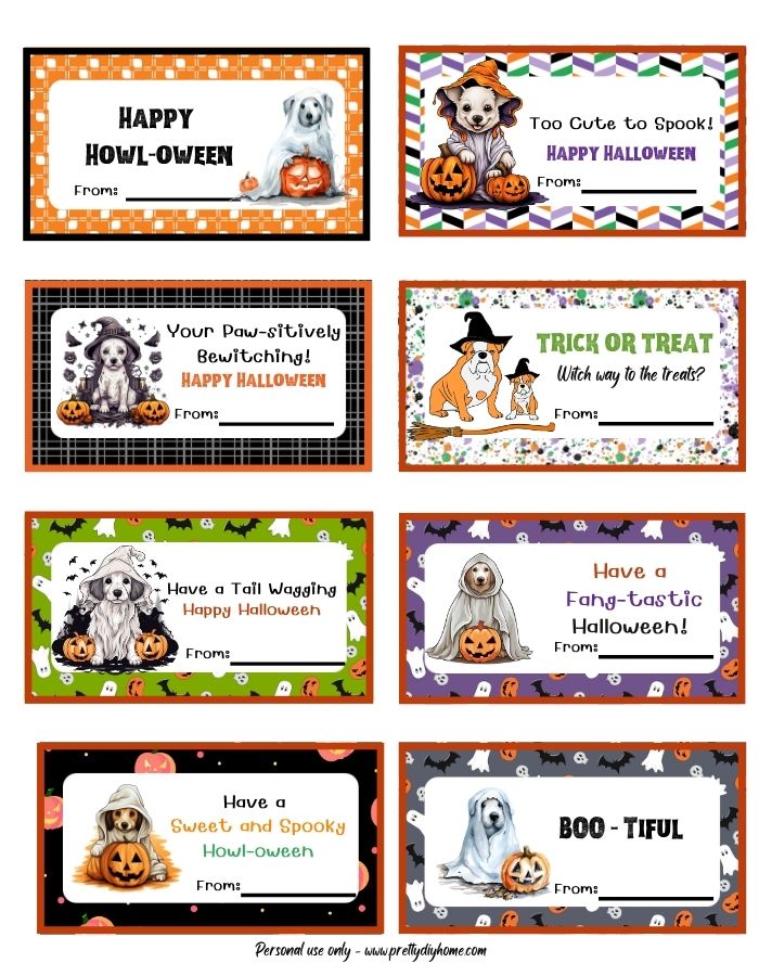 Eight rectangular Halloween gift tags in bright Halloween olours. Each tag has a dog in a ghost costume and they all have dog themed saying on them like Have a Sweet and Spooky Howloween. or Have a Tail Wagging Happy Halloween.