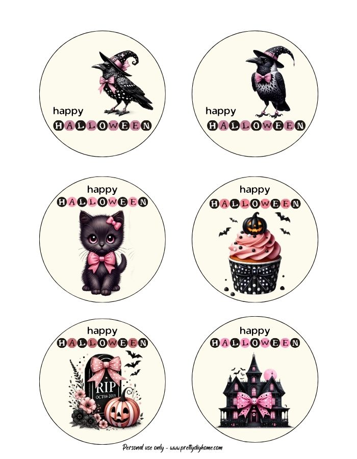 Cream colored Happy Halloween gift tags in a round shape with black border. Each one of the six tags says Happy halloween and has feminine black and pink graphics, a black cat a black haunted hause, a pink and black cupcake etc.