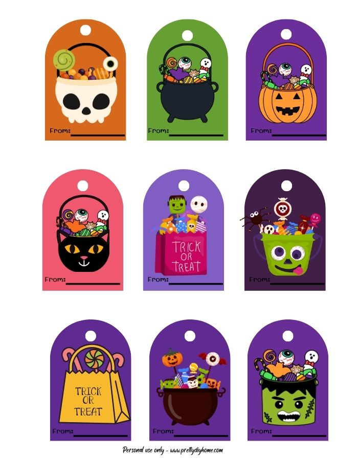 Very colorful orange, purple, and pink gift tags for children. Each one has a fun and different bucket of Halloween candy on them.