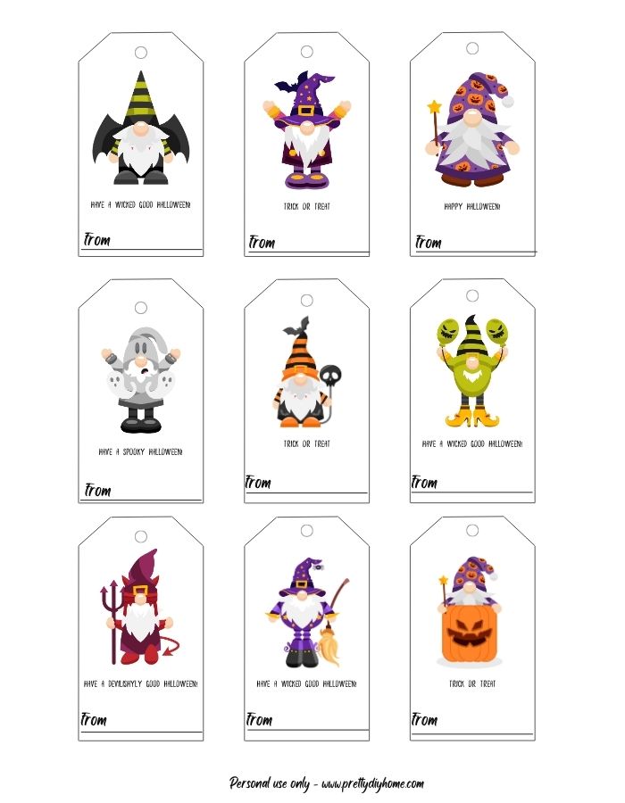 White rectangular shaped Halloween gnome themed free printable gift tags. Each tag has a different Halloween gnome graphic and all of theme has a place to add from and a mark for a whole punch.