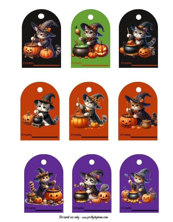 Brightly colored Halloween gift tags with kittens in witch costume cooking in various cauldrons. Each tag has a spot for from and a hole for a hole punch.