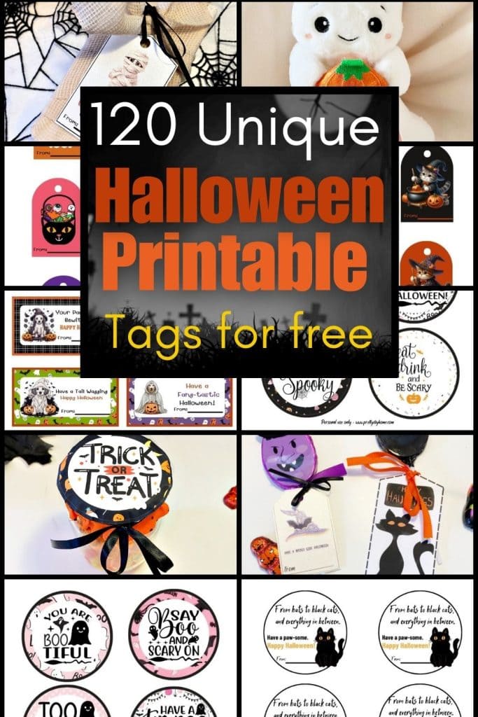 120 Unique Halloween Printables for Free is the caption on top.  The background is 10 different sheets of pretty Halloween gift tags.