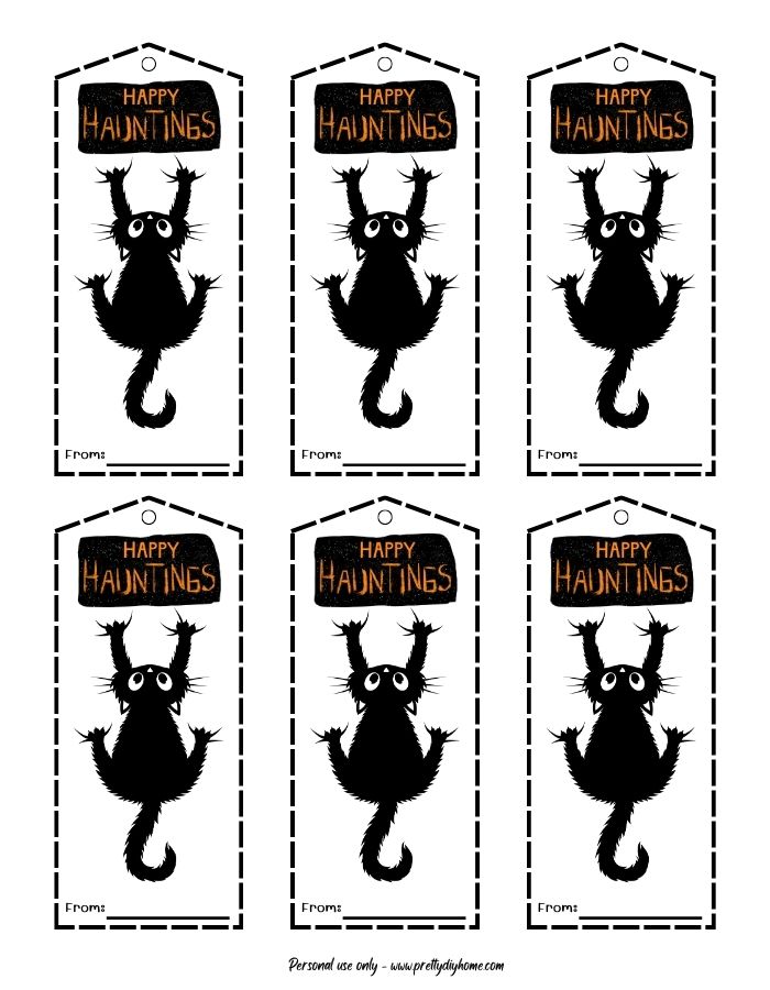 Six Happy Haunting black cat Halloween gift tags. All the tags are the same with a funny black cat hanging by his claws. Above is a sign that says Happy Hauntings.