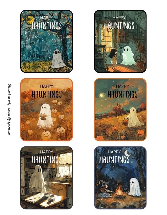 Bright Happy Haunting gift tags or Halloween party scatters of ghosts in different scenes, kitchen, camping, picnic and picking pumpkings.