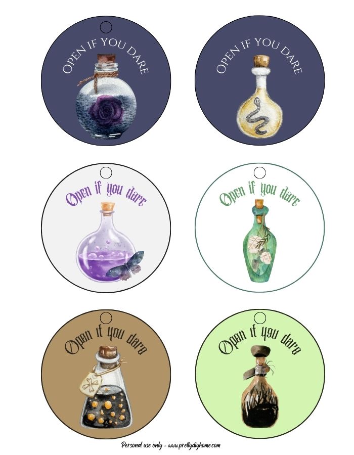 Magic potion themed gift tags. Each one has a different apothecary jar on them and the saying says Open if you dare. They are in assorted pretty soft colors and have a feminine feel for Halloween.