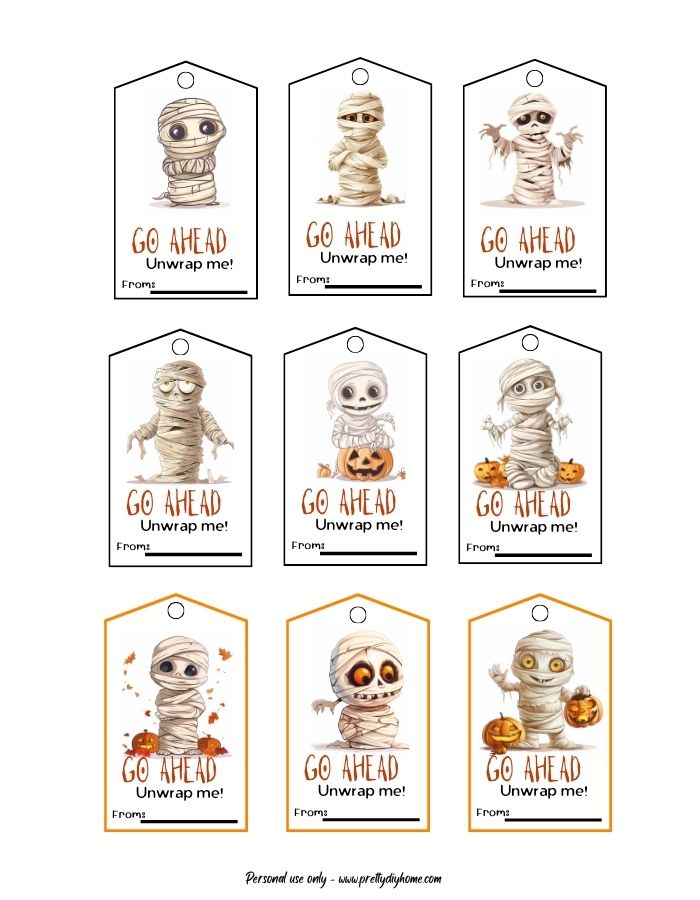 Nine different mummy themed Halloween printable tags, Each one of these free downloadable tags have a different mummy graphic, they all say Go ahead Unwrap me, and are bordered in either block or orange.