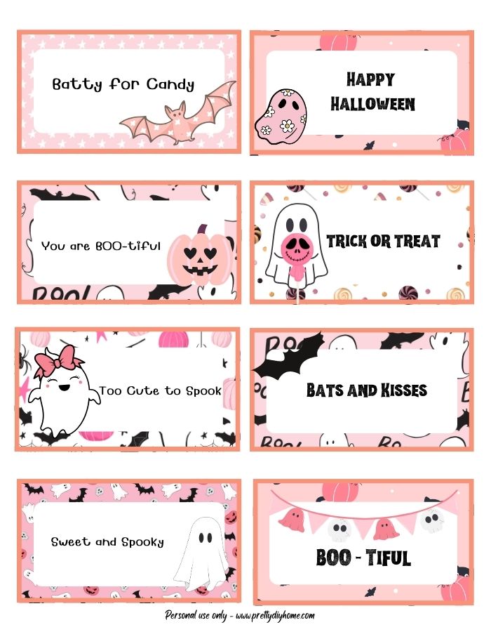 Assorted pink and peach cute Halloween gift tags. There are eight free printable tags each one is soft pink and peach and more cute than spooky. Some of the saysing are "sweet and spooky, too cute to spook, bats and kisses, etc.