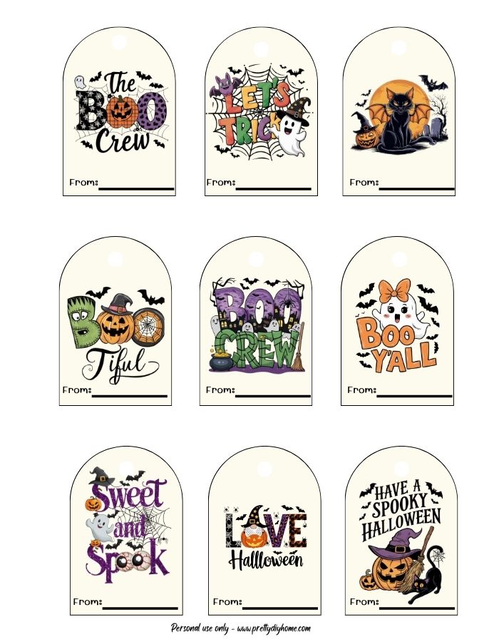 Retro themed cream colored gh Halloween tags with cute characters like ghosts with a bow in her hair, a gnomes, and a Boo screw. Each one has a spot for From, and a mark for a hole punch.