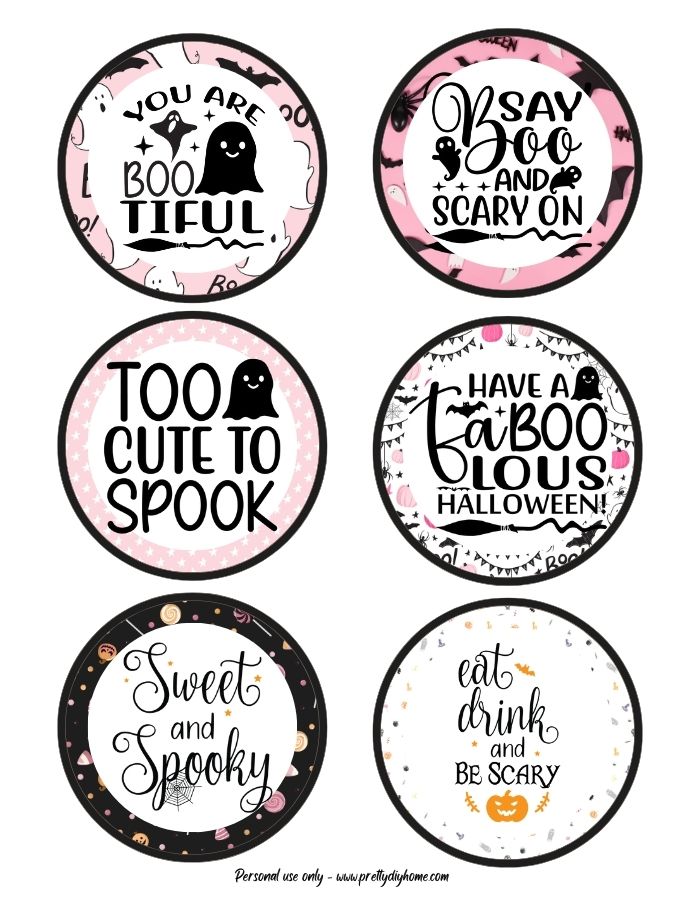 Round feminine Halloween gift tags in pinks, black and gold. All of them are more pretty than they are scary.