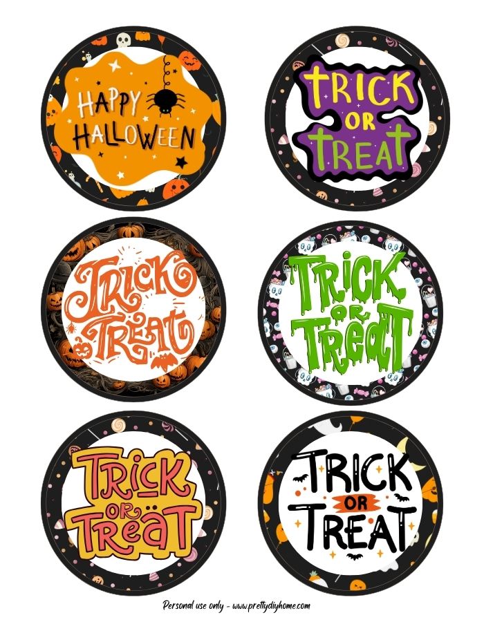 Bright black and white Halloween tags meant to be printed out as stickers for candy bags. Each sticker says Trick or Treat in very bright easy to see colorful lettering.