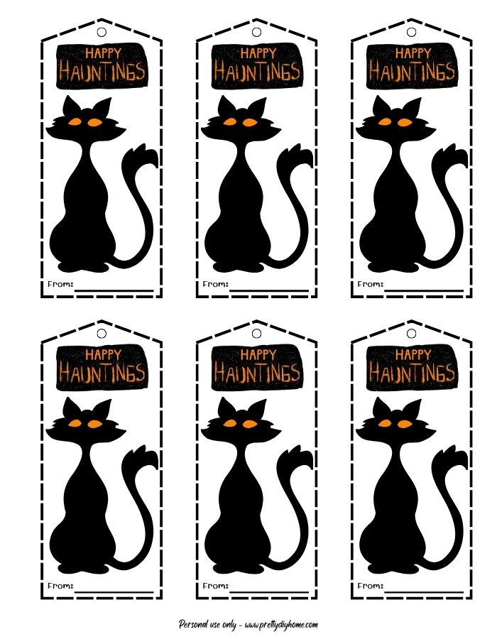 Comical cartoon black cats that are tall and thin, with orange eyes. There are six tags on the printable. Each one has a white background, and a cashed black border. They all say happy hauntings