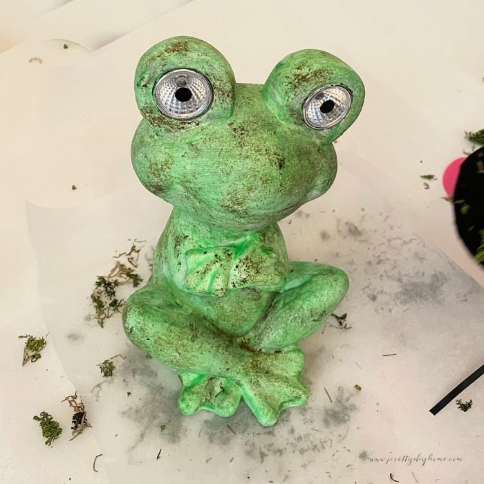 A cute little garden frog thats been painted neon glow in the dark green for Halloween.  It will become an outdoor Halloween decoration.