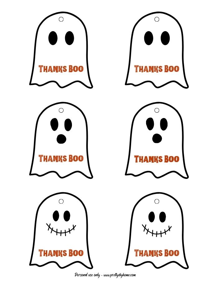 Ghost shaped gift takes with smiling ghost faces. Each of the six ghosts tags says Thanks Boo.