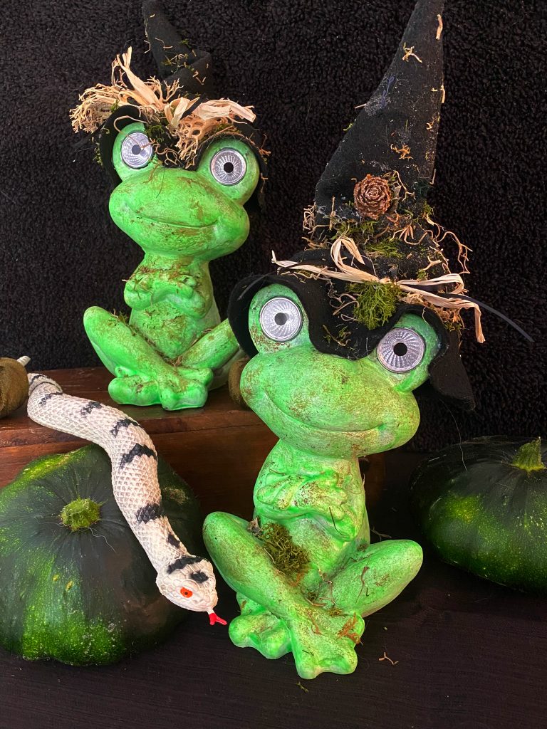 Two garden frogs decorated in bright green glow in the dark paint for Halloween.  Each frog in a witch hat made from felt, with lots of little bits of moss and raffia so that they look like they are dirty from a swamp or a witch cauldron.