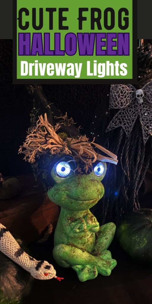 A cute frog in a witch hat with flowing solar powered lights.  This diy Halloween light up Halloween decoration is a frog painted bright neon green with eyes that light up from a solar panel in the back.