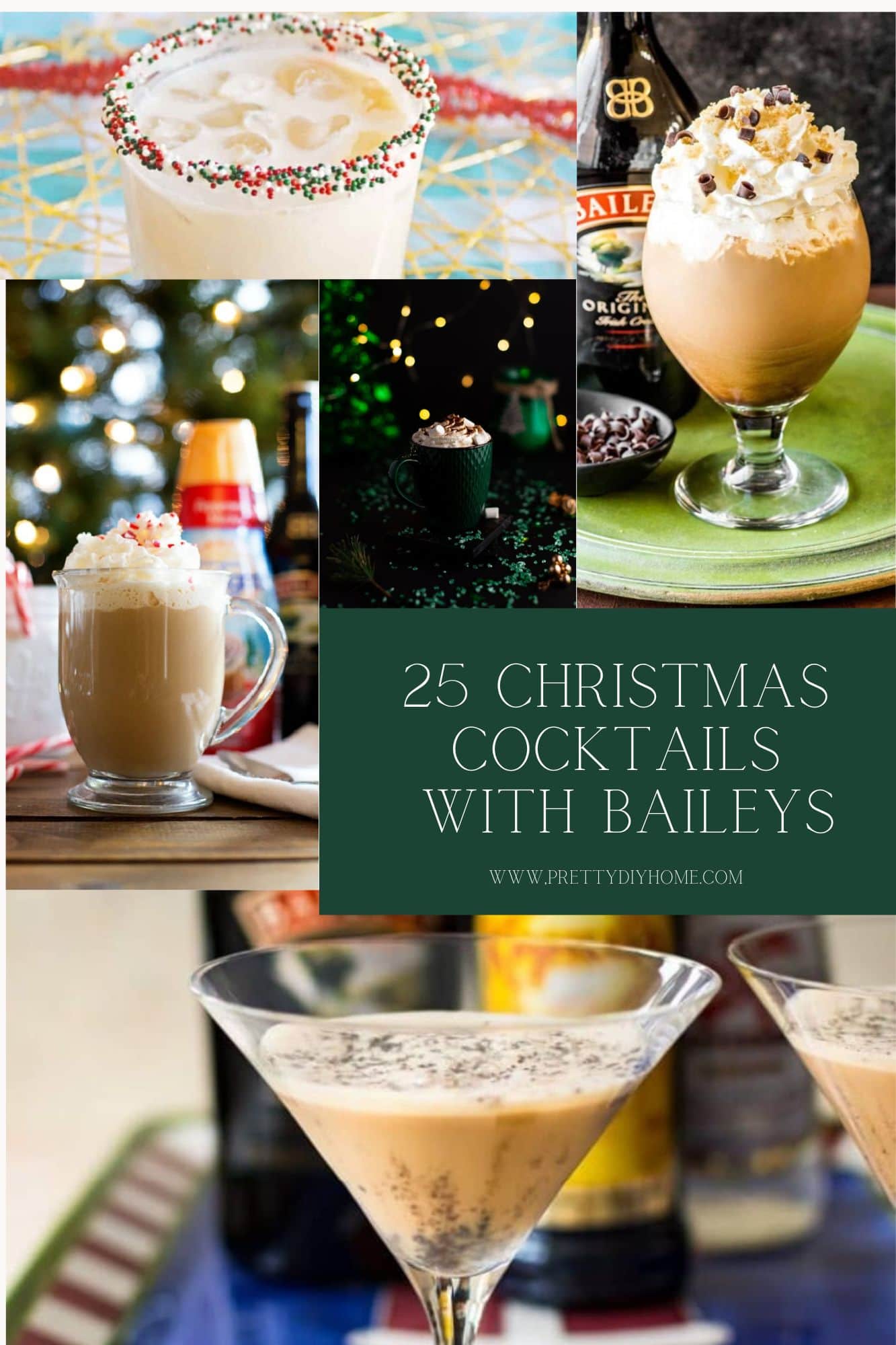 A collage of different Baileys Christmas cocktails in different glasses and backgrounds.