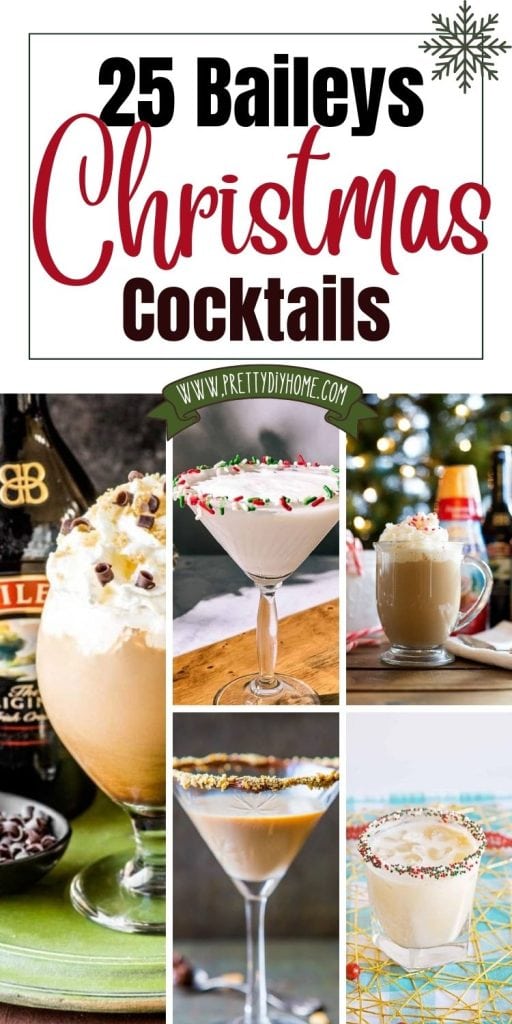 A collage of five different Christmas cocktail recipes each with Baileys. There is a martini, a cocktail on the rocks, a hot coffee, and a peppermint cocktail.