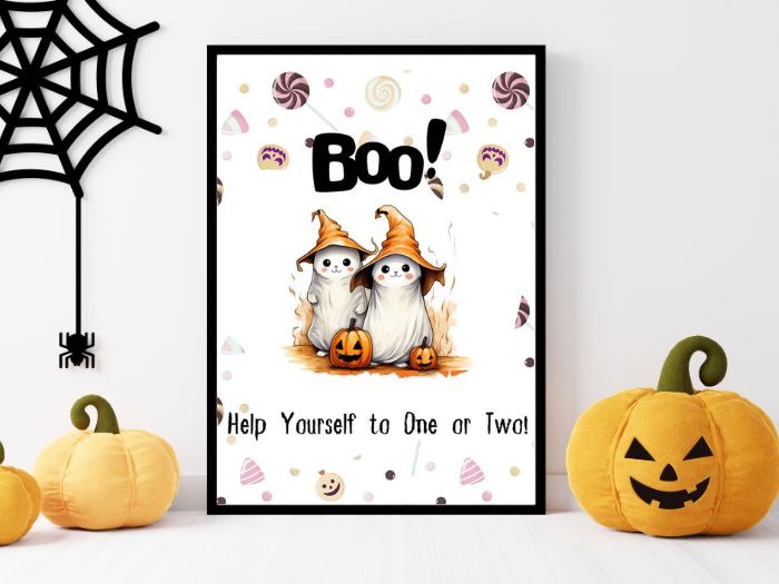 A free printable candy bowl sign for Halloween. This one has two fun ghosts in witch hats with Halloween candy background and the printable signs says "Boo, Help Yourself to One of Two!"