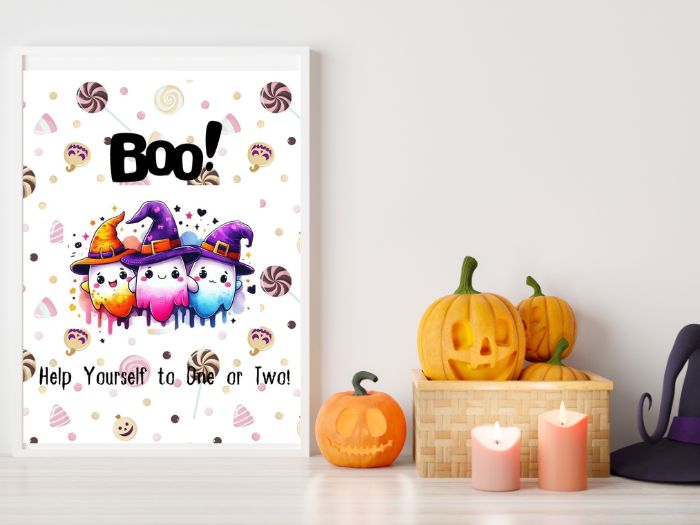 A candy sign Halloween printable with three very colorful cartoon ghosts that says Boo, please take one or two.  The Halloween printable is in a frame with pumpkins and orange candles beside it.