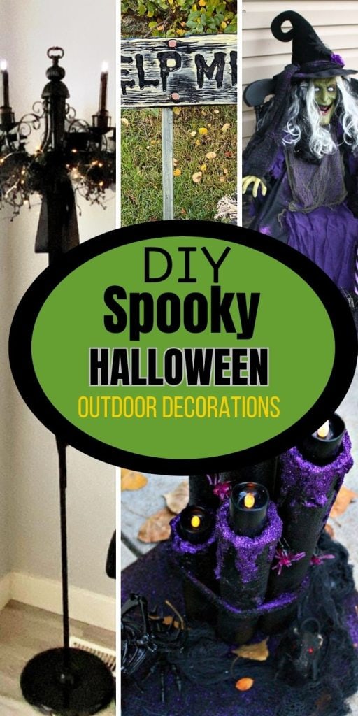 Several DIY Spooky outdoor decorations including a large witch, a diy Halloween chandelier, two witch frogs that light up, spooky trees and a Help me sign. Using thrifted items and Dollar Tree supplies.