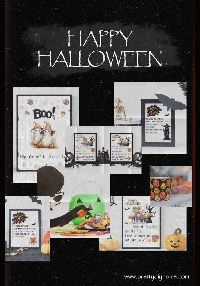 A collage of six different free printable take candy bowl Halloween signs. Each directs trick and treaters to take one or two pieces of Halloween candy and leave the rest for someone else.