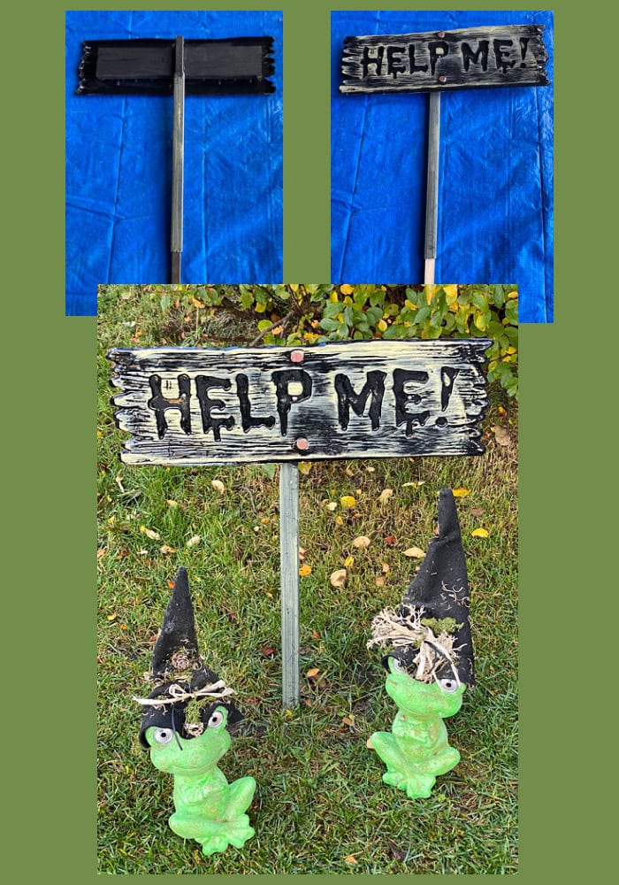 A collage of three images one image shows the back of a help me Halloween sign diy, the next is the front image of the same sign. The third picture is a image of two witch frogs outside frog decorations with the help me Halloween sign in the background.