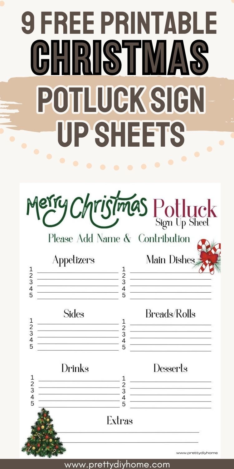 A christmas potluck sign up sheet in festive red, green and brown colors.