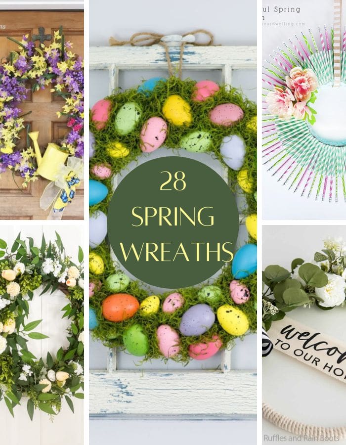 A collage of six different Spring wreaths for front door, including large wreath ideas, minimalist spring wreaths, in a variety of spring colors with blossoms, and easter eggs.