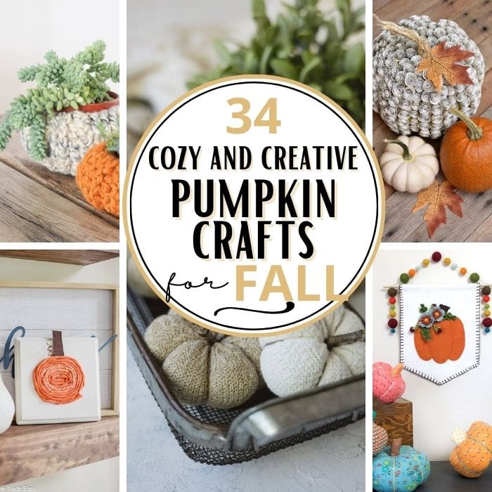 A collagr of five different fall crafts with pumpkins. The text overlay says 34 cozu and creative pumpkin crafts.