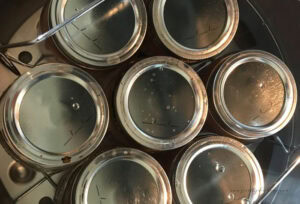 The top of jars of relish in a waterbath canner.