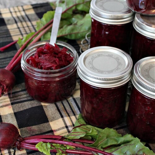 Several jars of homemade beet relish with horseradish are stacked on the right. There is a open jar of relisj on the left and two freshly cooked garden beets for decoration. Everything is sitting on a plaid kitchen towel.