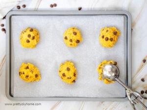 An overhead view of six pumpkin spiced cookies with chocolate chips being scooped onto a parchment line baking sheet with a cookie scoop.